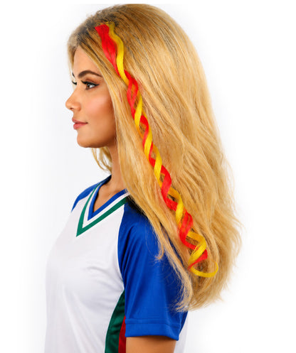 Adult Women's Spain Flag Hair Extension | Coiled red and yellow synthetic fibers featuring a twisted attachment design | Ideal for party,cosplay, theater, drag, performance, costume events