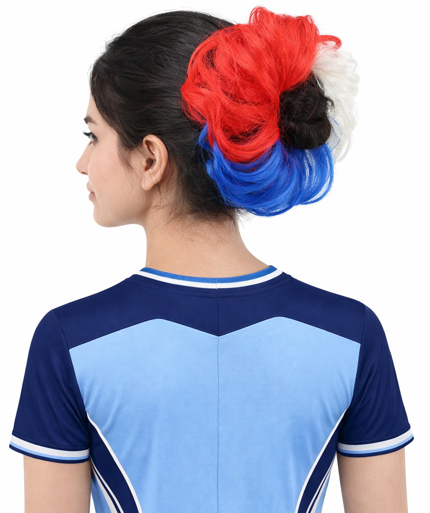 Women's Patriotic Flag Hair Scrunchie | Multilayered synthetic hair texture with round elastic construction | Ideal for party,  cosplay, theater, drag, performance, costume events