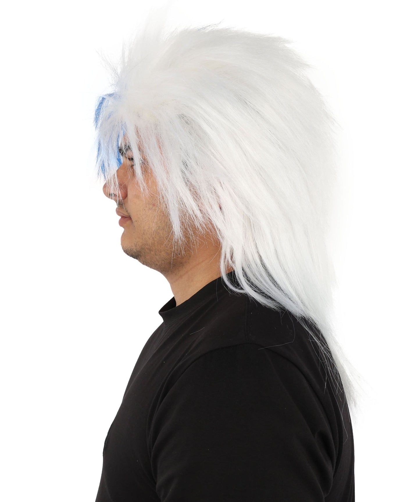 HPO Adult Two Tone Spirit Wig | Blue and White Messy Mullet Flame-retardant Synthetic Fiber | Halloween Themed Party Baseball Stadium Accessory
