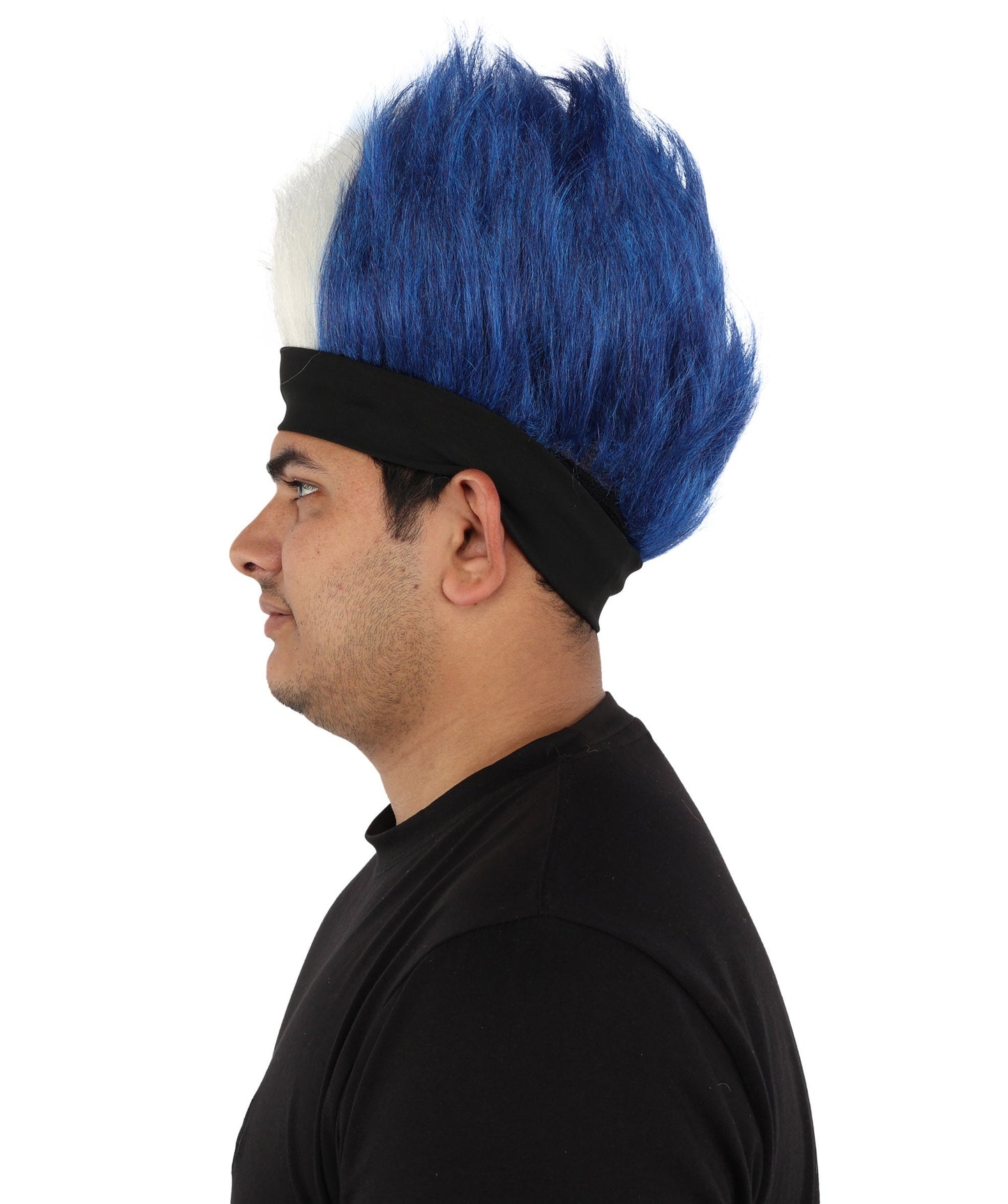 HPO Adult Men's Navy Blue and White Mohawk Wig | Spiky Upright Flame-retardant Synthetic Fiber Headband Design | Halloween Themed Party Football Fan Gear