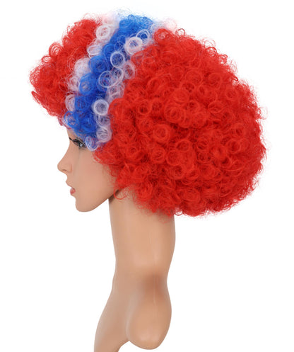 HPO Adult Norway Clown Wig – Red, White & Blue Flag Afro Style | Fun Costume Wig for Sports Fans, National Day, Parties