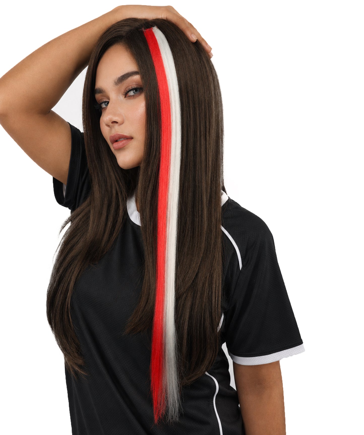Adult Women's International Clip-in Hair Extension | Sleek straight red and white synthetic fibers featuring a secure snap attachment | Ideal for party, cosplay, theater, drag, performance, costume events