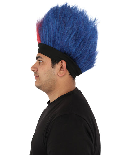 HPO Adult Men's Red and Blue Mohawk Wig | Tall Spiky Texture Flame-retardant Synthetic Fiber Headband Design | Halloween Themed Party Championship Parade Accessory