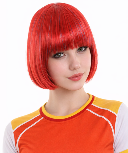 Bright Red Bob with Tinsel | Sparkly Celebrity Halloween Wig  | Premium Breathable Capless Cap