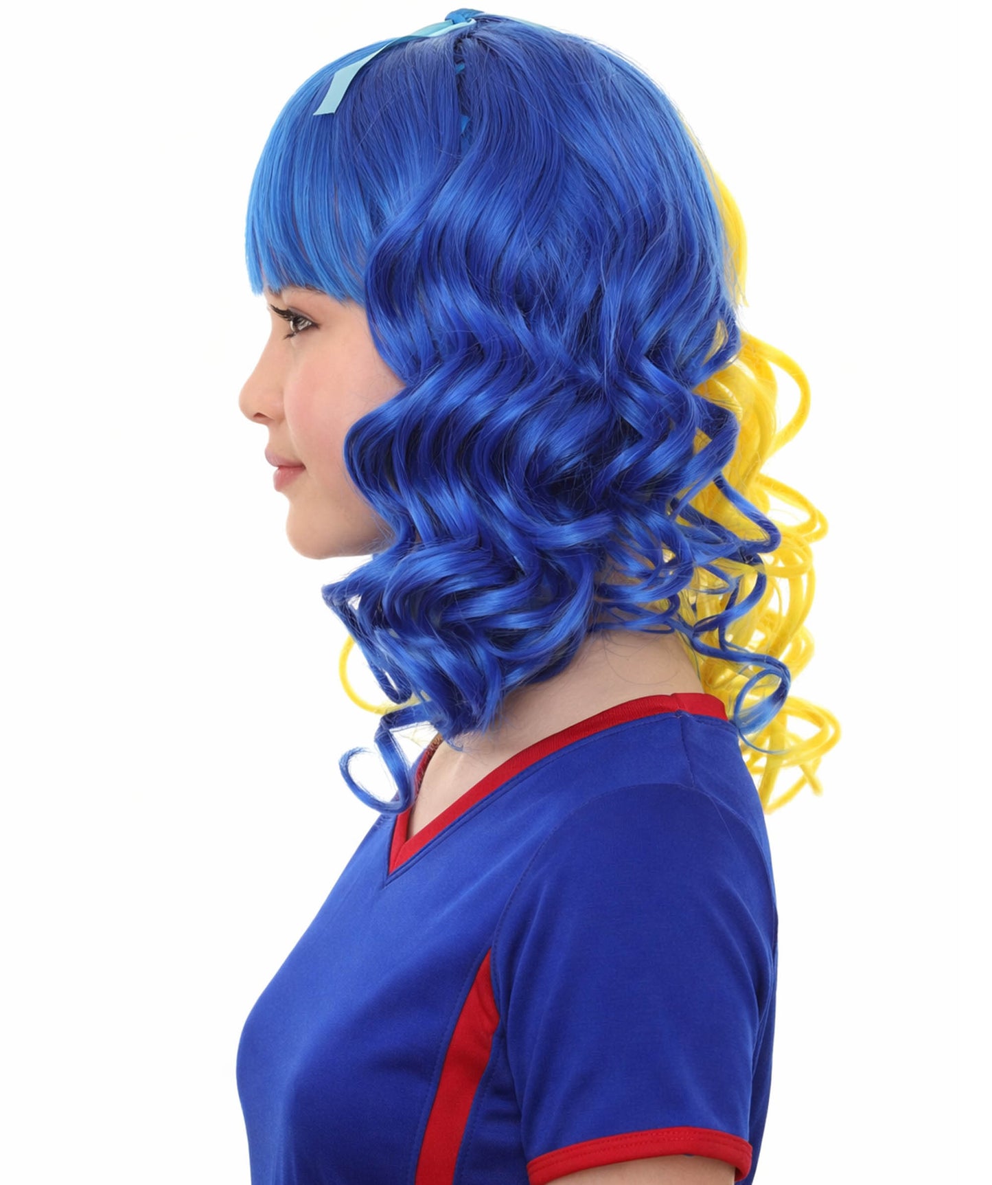 Bright Night Blue & Yellow Curly Wig | Cosplay Halloween Wig | Premium Breathable Capless Cap