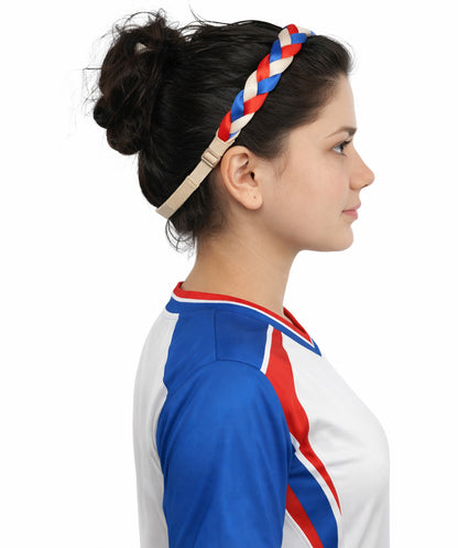 Adult Women's Multinational Braided Hairband | Textured red, white, and blue synthetic fibers woven into a twisted headband with elastic backing | Ideal for party, Halloween, cosplay, theater, drag, performance, costume events