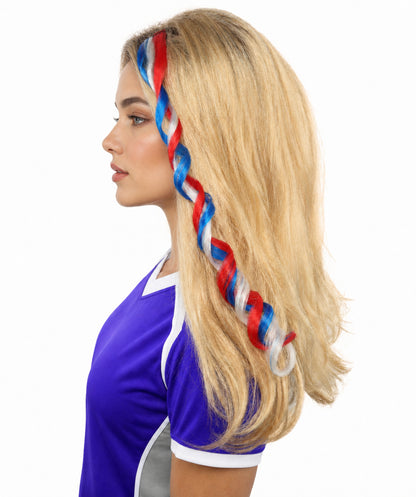 Adult Women's International Curly Hair Extension | Coiled red, white, and blue synthetic fibers featuring a twisted attachment design | Ideal for party, cosplay, theater, drag, performance, costume events