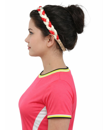 Adult Women's International Braided Headband | Textured red and white synthetic fibers woven into a twisted headband with an elastic back | Ideal for party, Halloween, cosplay, theater, drag, performance, costume events