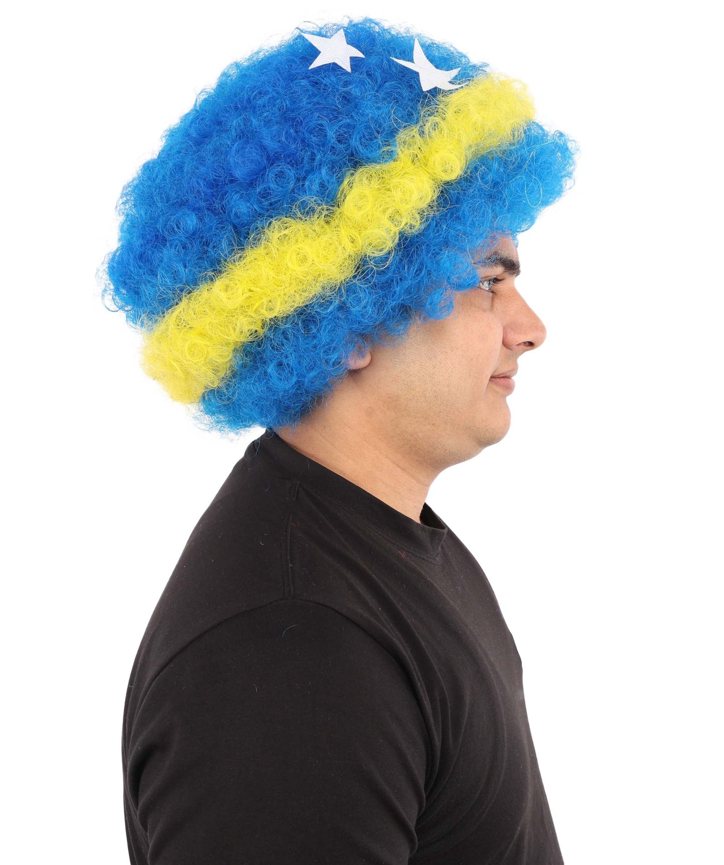 Curacao Flag Afro Wig | 11 Inch Blue Yellow Stripe White Stars Design | Sports Event National Holiday Parade Soccer Match Fan Gear