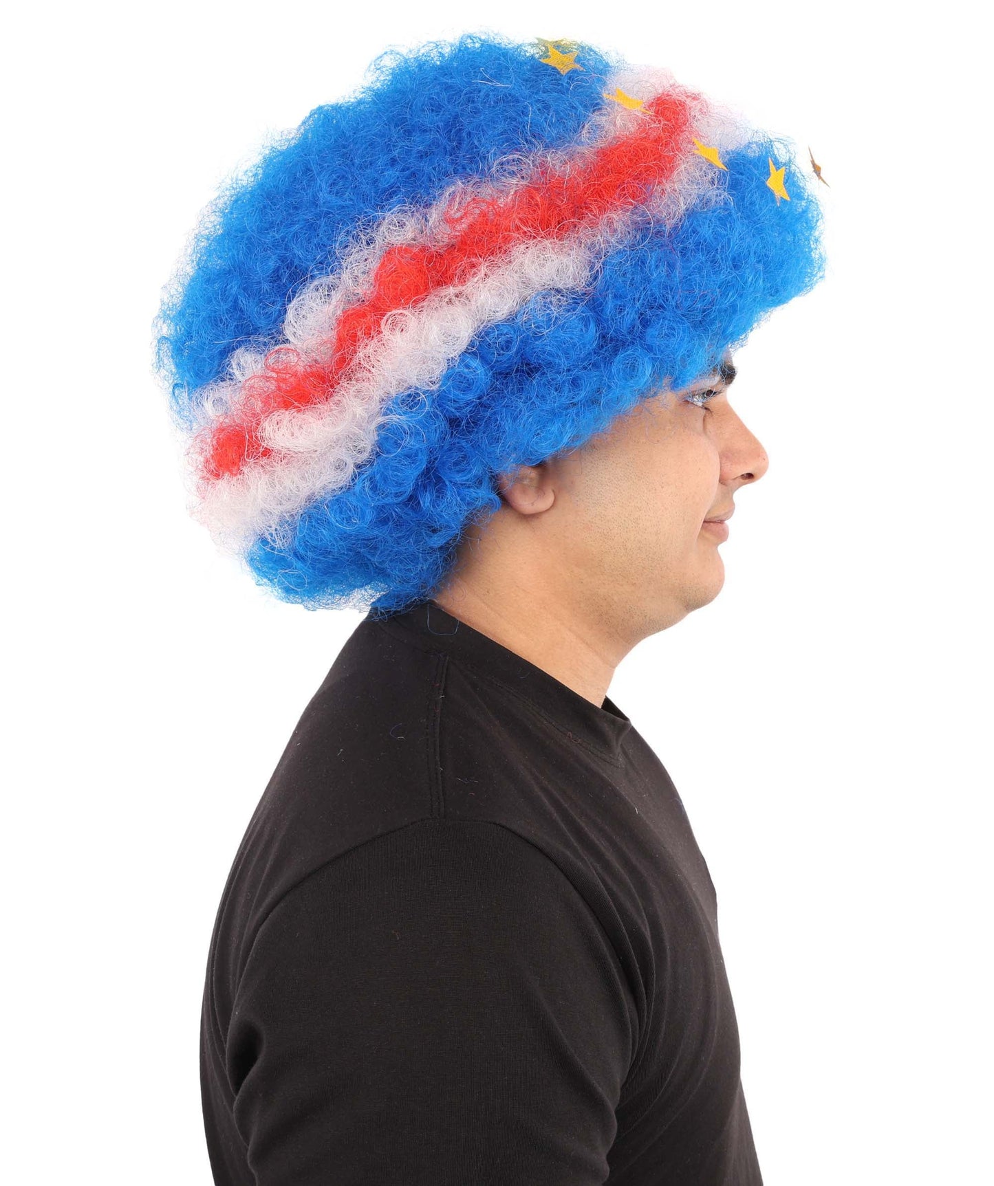 HPO Adult Unisex Cabo Verde Sports Clown Wig – Curly Flag-Themed Wig for Football Fans & Parades  | Synthetic Fiber Headpiece with Standard Cap