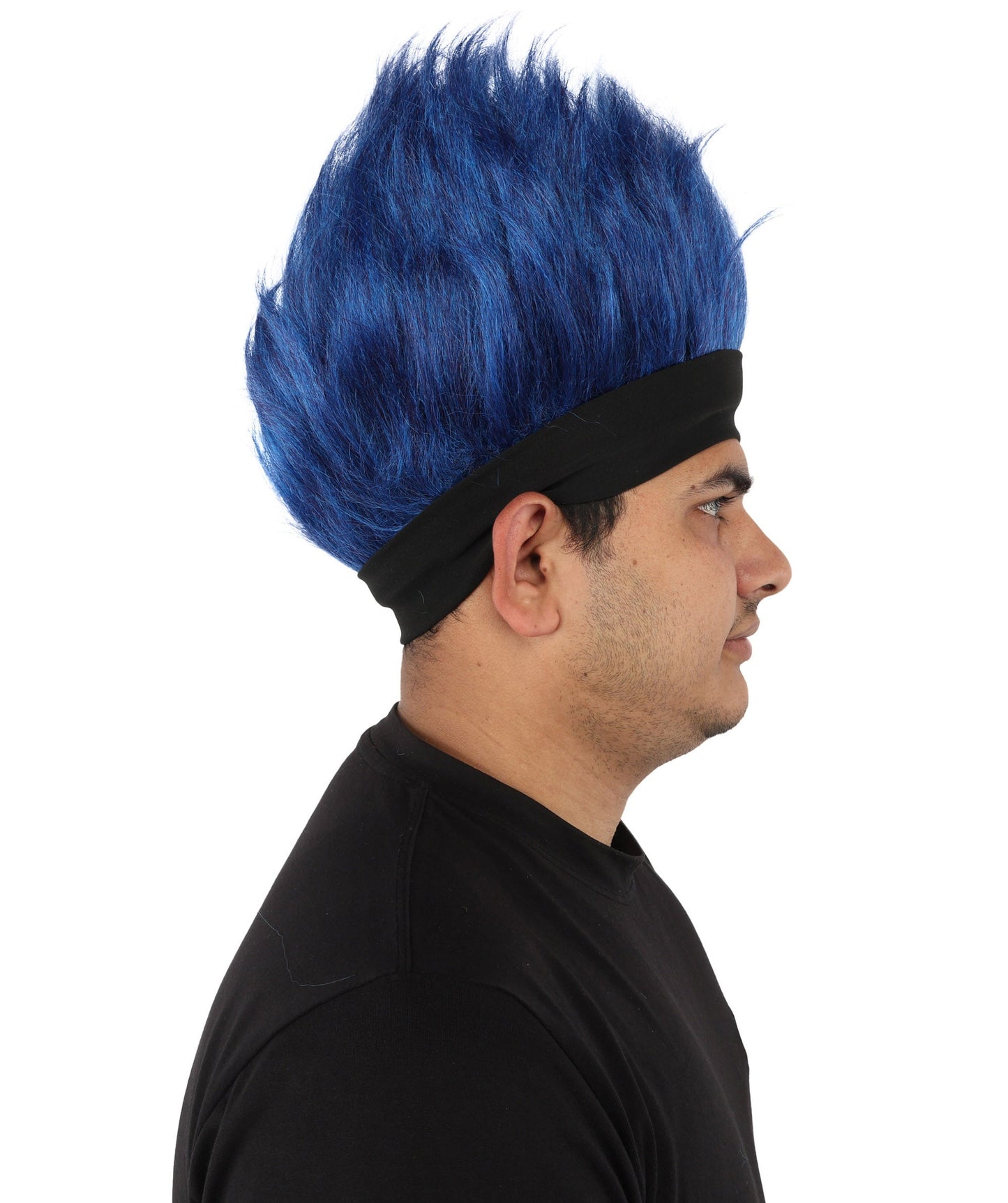 HPO Adult Men's Navy Blue and White Mohawk Wig | Spiky Upright Flame-retardant Synthetic Fiber Headband Design | Halloween Themed Party Football Fan Gear