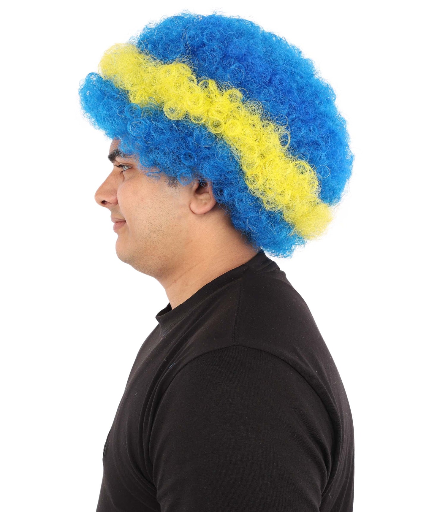 Curacao Flag Afro Wig | 11 Inch Blue Yellow Stripe White Stars Design | Sports Event National Holiday Parade Soccer Match Fan Gear