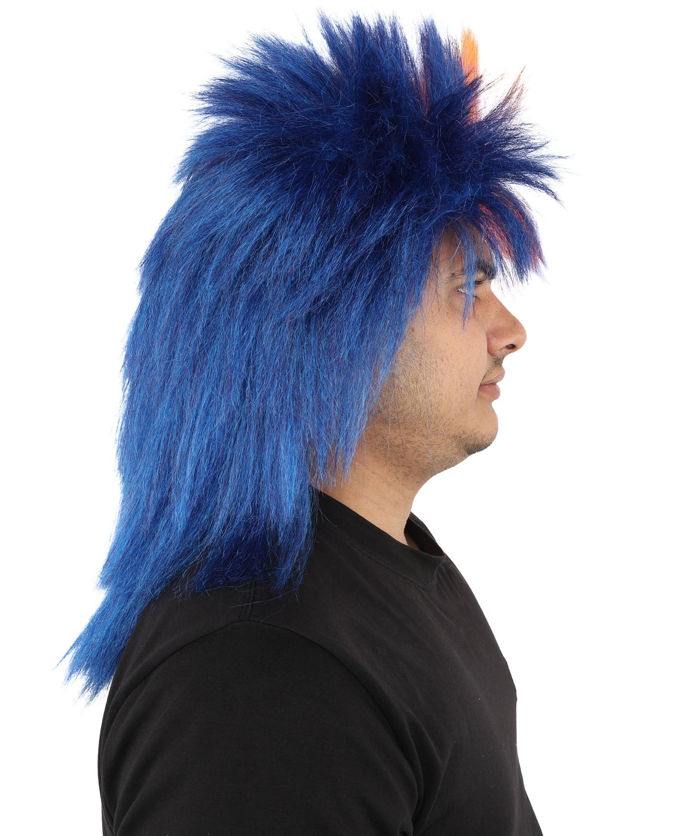 HPO Adult Navy Blue and Orange Sports Wig | Split Color Spiky Shag Style Flame-retardant Synthetic Fiber | Halloween Themed Party American Football Fan Gear