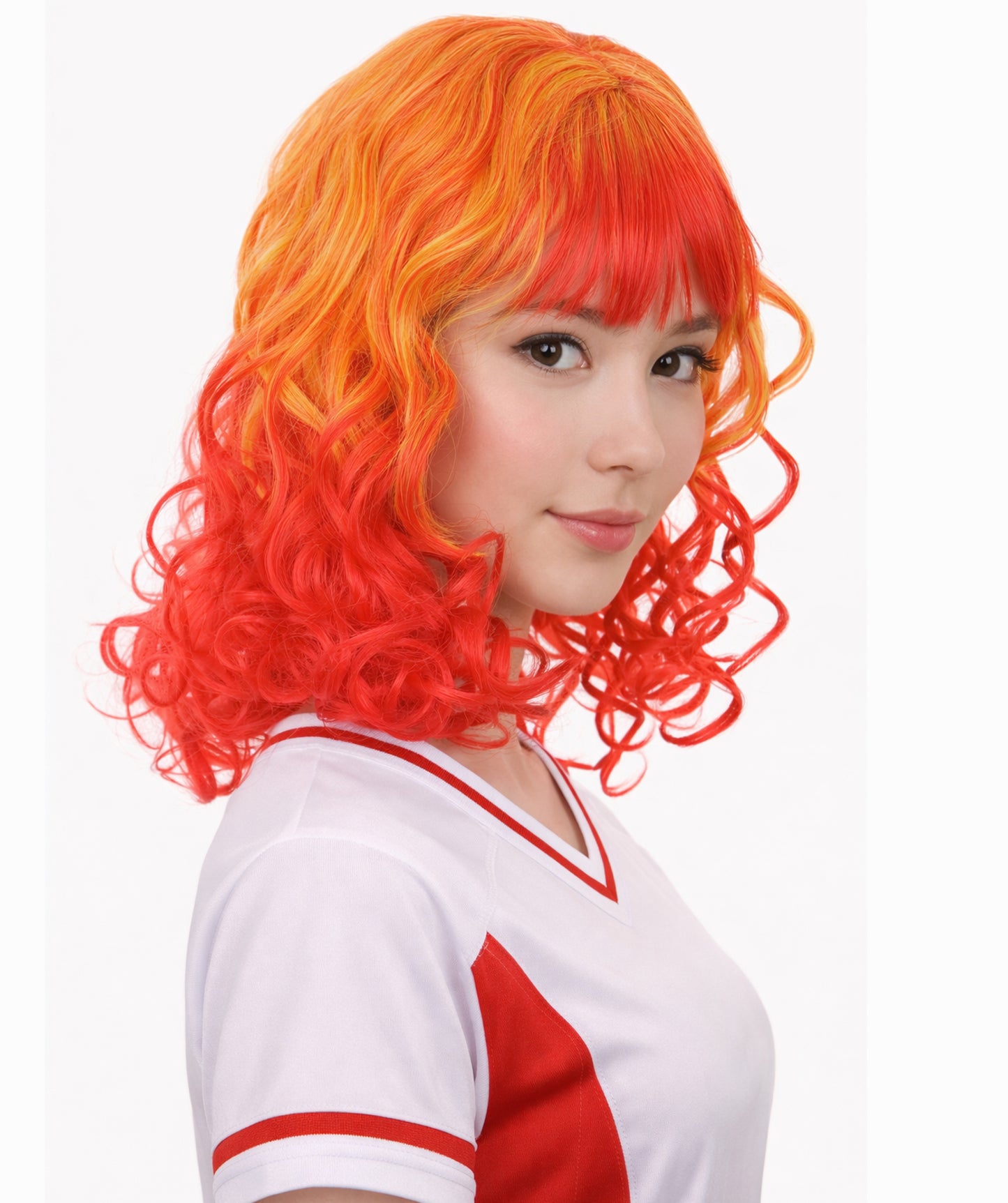 Womens Red and Yellow Two Tone Long Wavy Wig | Party Ready Fancy Cosplay Halloween Wig | Premium Breathable Capless Cap