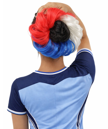Women's Patriotic Flag Hair Scrunchie | Multilayered synthetic hair texture with round elastic construction | Ideal for party,  cosplay, theater, drag, performance, costume events