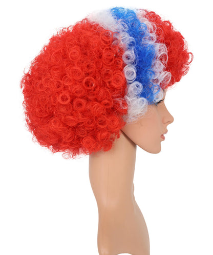 HPO Adult Norway Clown Wig – Red, White & Blue Flag Afro Style | Fun Costume Wig for Sports Fans, National Day, Parties