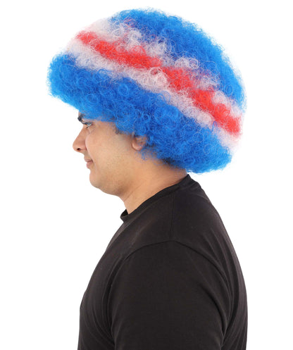HPO Adult Unisex Cabo Verde Sports Clown Wig – Curly Flag-Themed Wig for Football Fans & Parades  | Synthetic Fiber Headpiece with Standard Cap