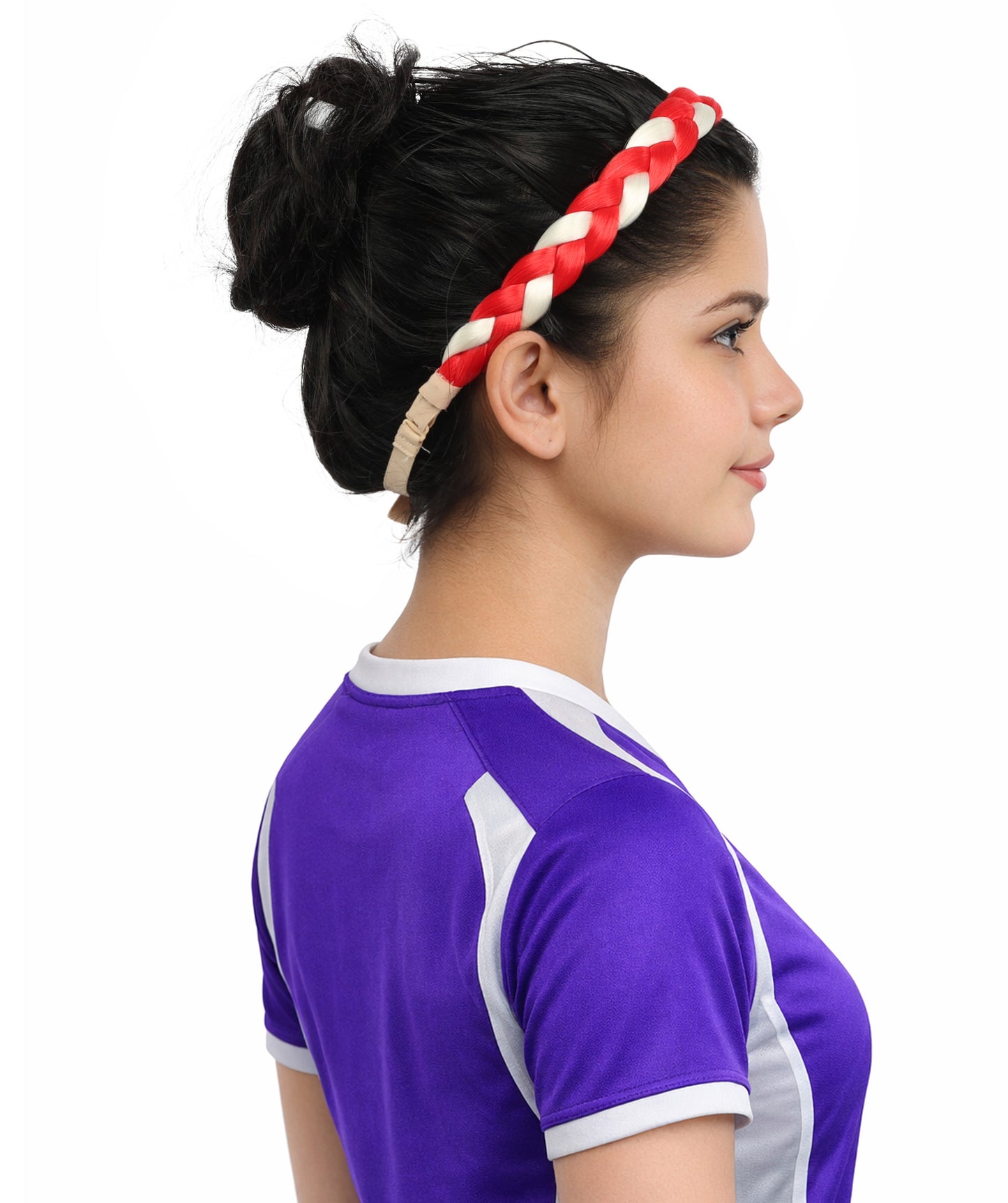 Adult Women's Multinational Braided Hairband | Textured red and white synthetic fibers woven into a twisted headband with elastic backing | Ideal for party, cosplay, theater, drag, performance, costume events