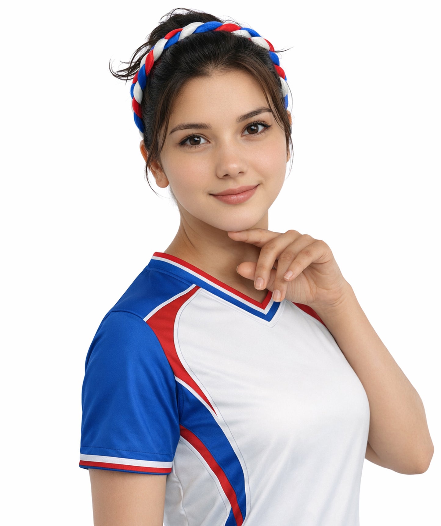 Adult Women's Multinational Braided Hairband | Textured red, white, and blue synthetic fibers woven into a twisted headband with elastic backing | Ideal for party, Halloween, cosplay, theater, drag, performance, costume events