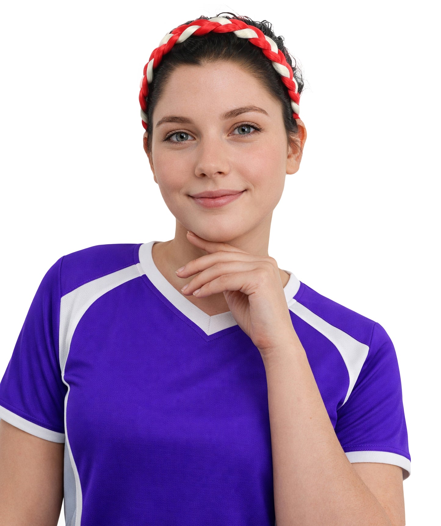 Adult Women's Multinational Braided Hairband | Textured red and white synthetic fibers woven into a twisted headband with elastic backing | Ideal for party, cosplay, theater, drag, performance, costume events