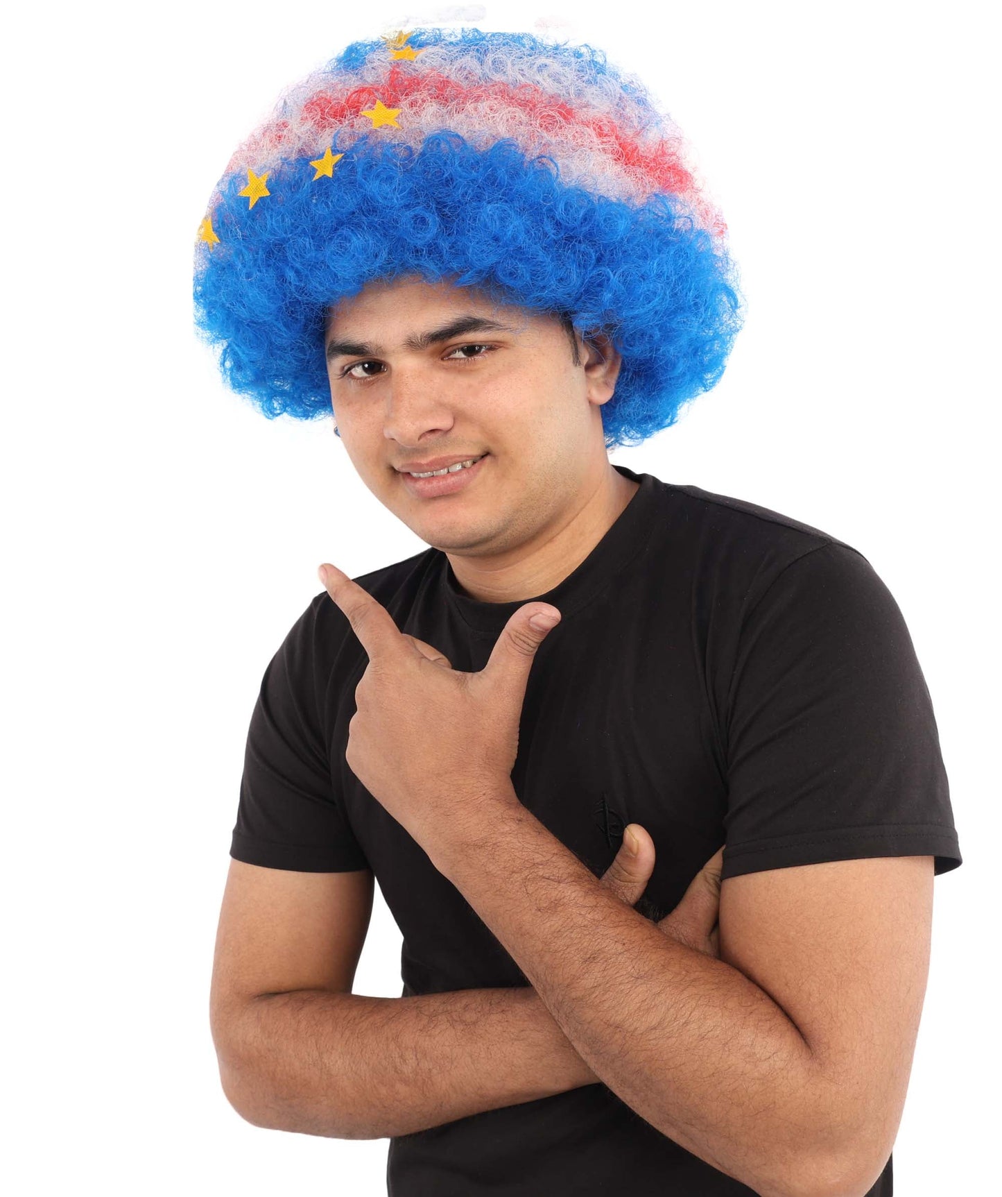 HPO Adult Unisex Cabo Verde Sports Clown Wig – Curly Flag-Themed Wig for Football Fans & Parades  | Synthetic Fiber Headpiece with Standard Cap