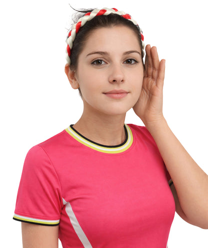Adult Women's International Braided Headband | Textured red and white synthetic fibers woven into a twisted headband with an elastic back | Ideal for party, Halloween, cosplay, theater, drag, performance, costume events