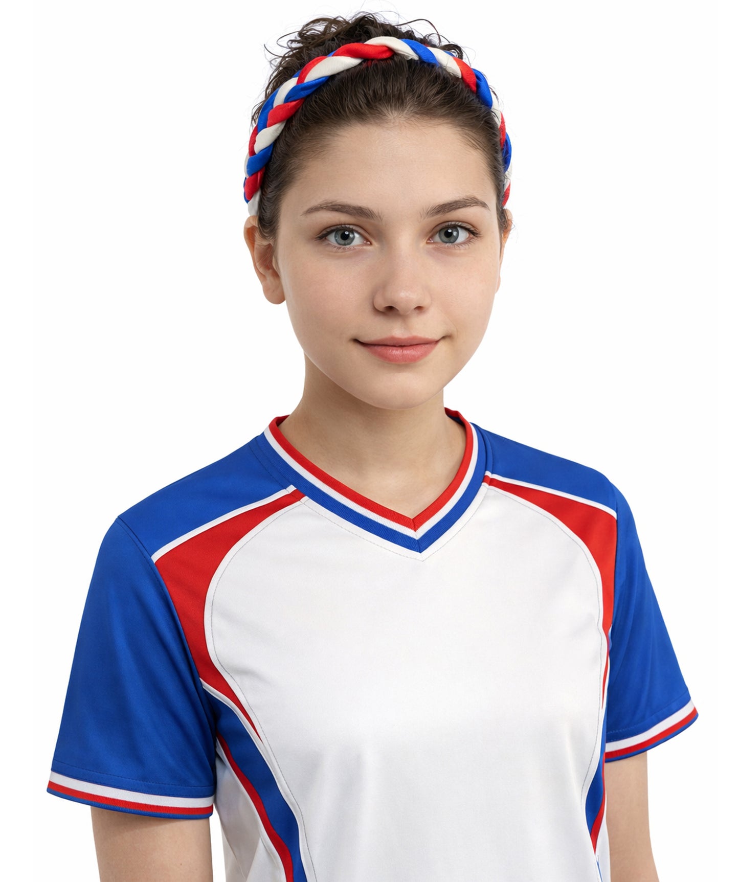 Adult Women's Multinational Braided Hairband | Textured red, white, and blue synthetic fibers woven into a twisted headband with elastic backing | Ideal for party, Halloween, cosplay, theater, drag, performance, costume events