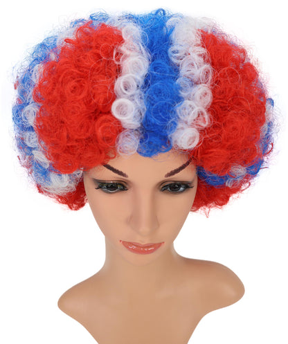 HPO Adult Norway Clown Wig – Red, White & Blue Flag Afro Style | Fun Costume Wig for Sports Fans, National Day, Parties