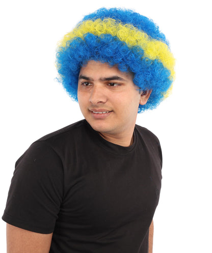 Curacao Flag Afro Wig | 11 Inch Blue Yellow Stripe White Stars Design | Sports Event National Holiday Parade Soccer Match Fan Gear