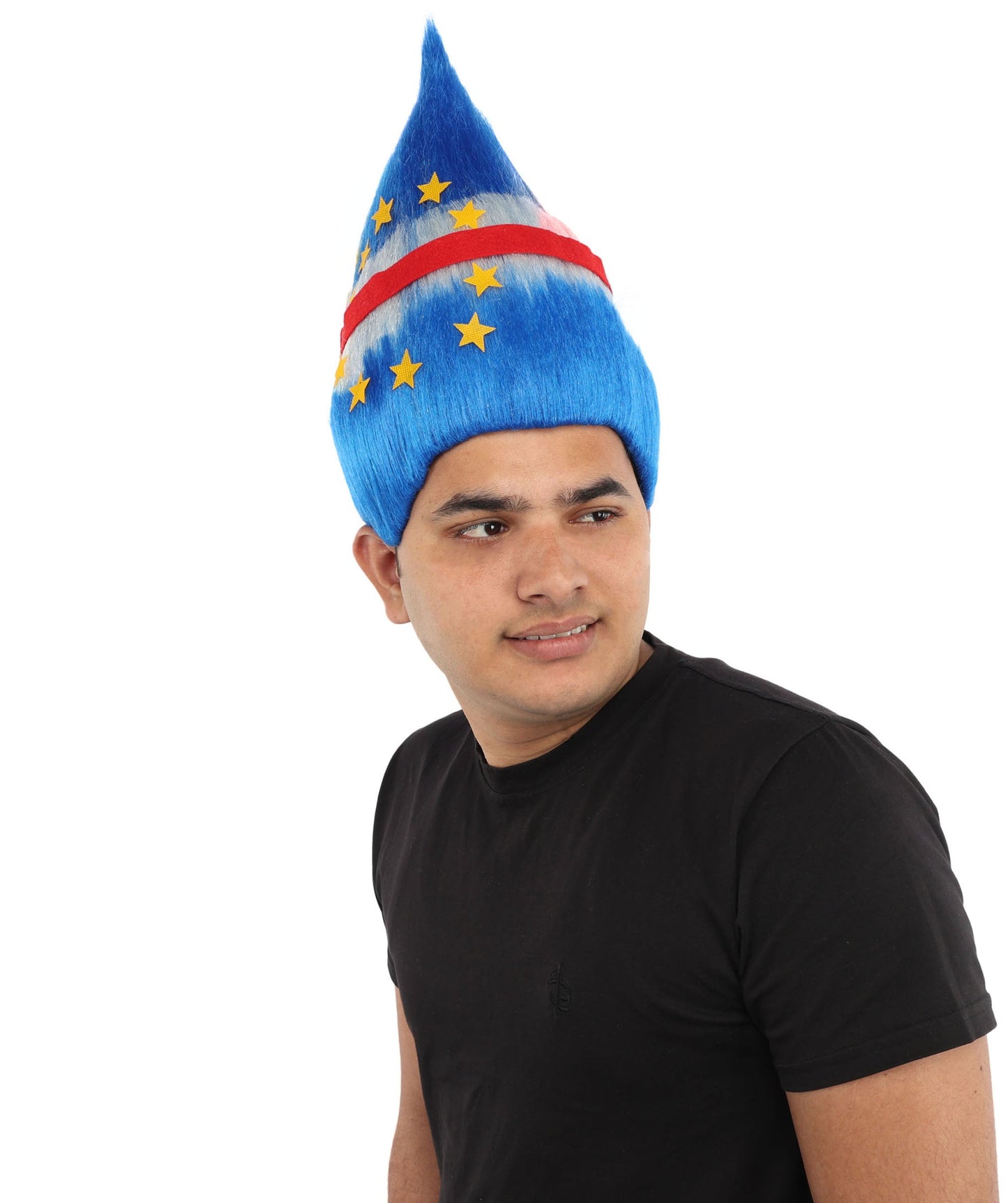 HPO Adult Unisex Cabo Verde Sports Troll Wig – Spiky Fan Wig in National Colors for Patriotic Events and Football Matches | Synthetic Fiber Headpiece with Capless Cap