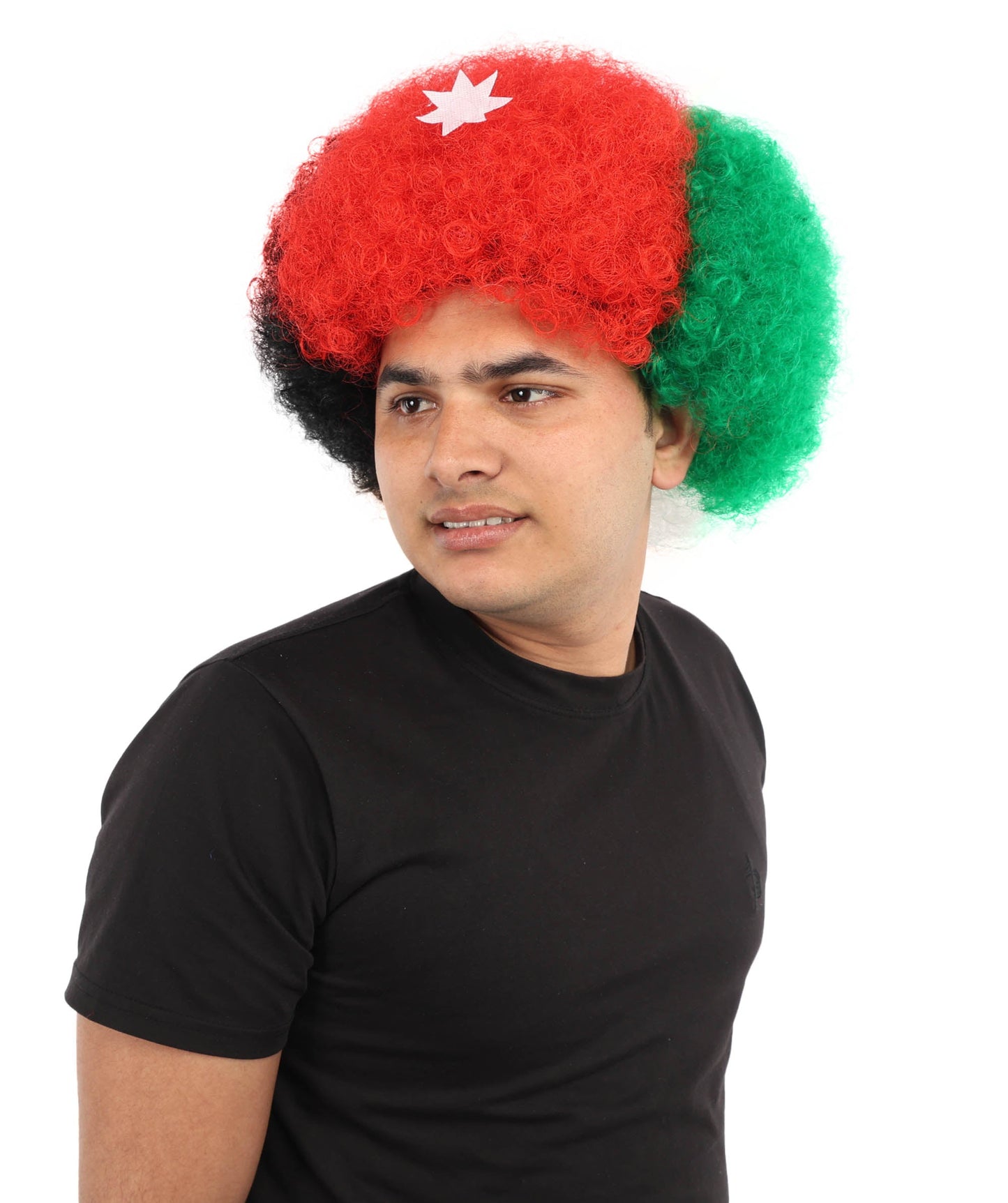 HPO Adult Unisex Jordan Flag Clown Wig – Curly Red, Black, and Green Sport Hairpiece | Ideal for  National Celebrations & Parties