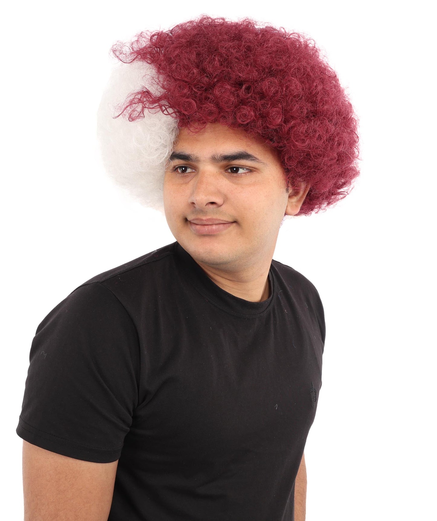 HPO Adult Unisex Qatar Flag-Inspired Curly Maroon & White Sport Clown Wig – Voluminous Curl with Standard Cap | National Colors for Sports, Festivals & Cosplay