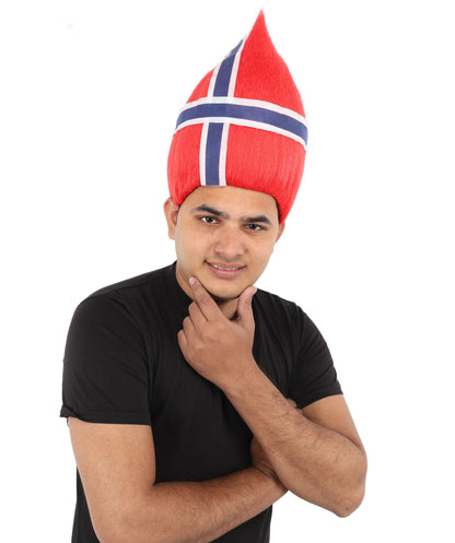 HPO Adult Unisex Norway Flag Troll Wig – Red White Navy Spiky Hair with Capless Cap | Fan Wig for Sports Events, National Celebrations & Parties