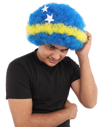 Curacao Flag Afro Wig | 11 Inch Blue Yellow Stripe White Stars Design | Sports Event National Holiday Parade Soccer Match Fan Gear