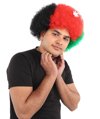 HPO Adult Unisex Jordan Flag Clown Wig – Curly Red, Black, and Green Sport Hairpiece | Ideal for  National Celebrations & Parties