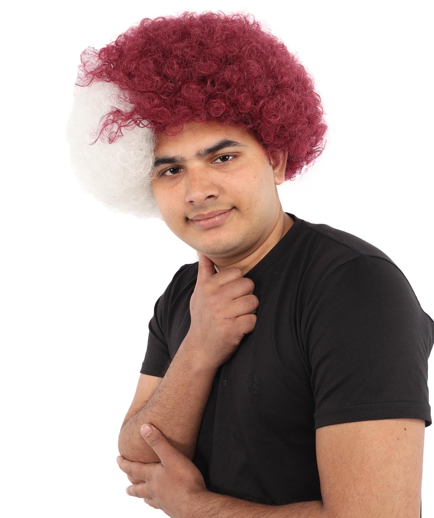 HPO Adult Unisex Qatar Flag-Inspired Curly Maroon & White Sport Clown Wig – Voluminous Curl with Standard Cap | National Colors for Sports, Festivals & Cosplay