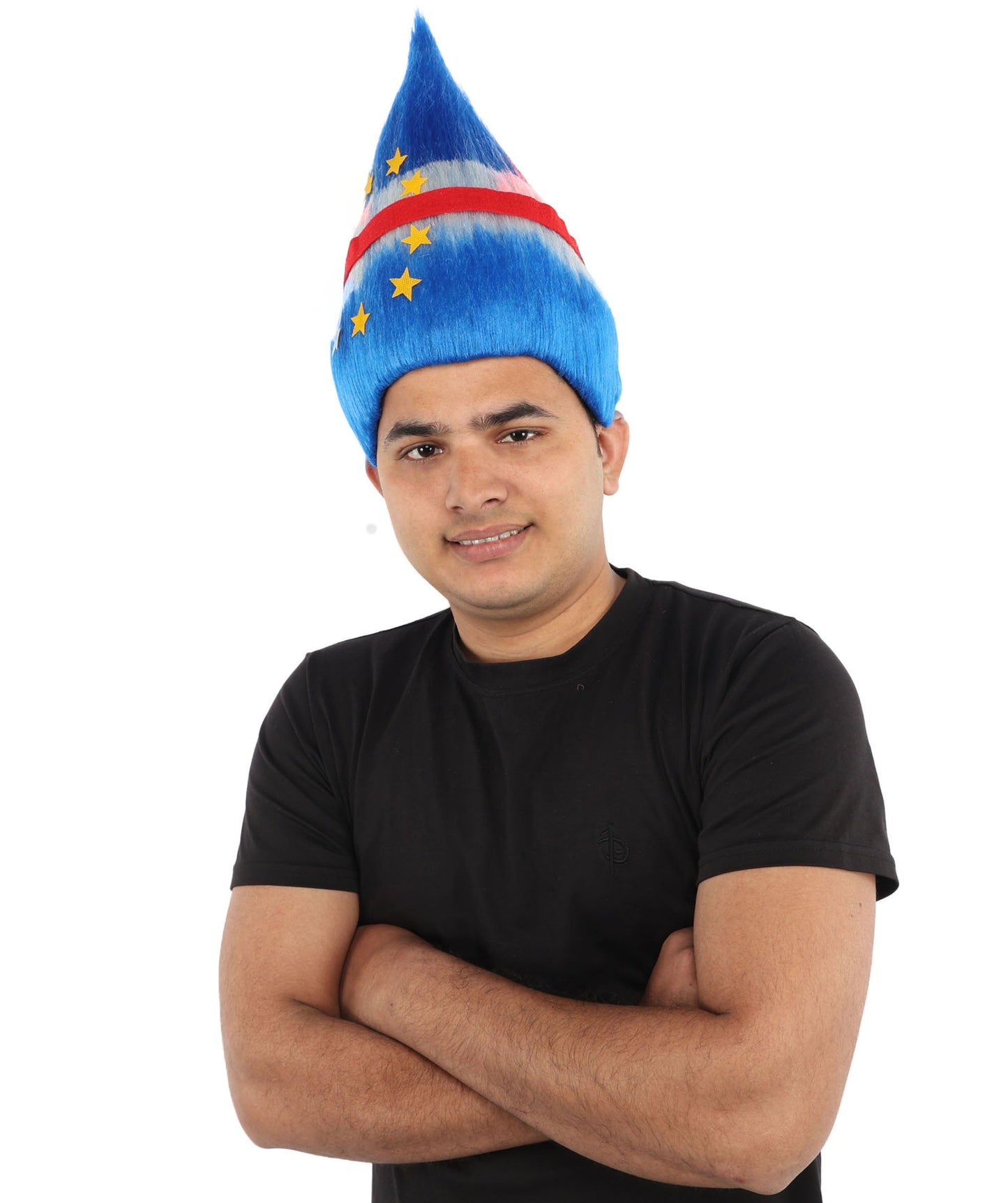 HPO Adult Unisex Cabo Verde Sports Troll Wig – Spiky Fan Wig in National Colors for Patriotic Events and Football Matches | Synthetic Fiber Headpiece with Capless Cap