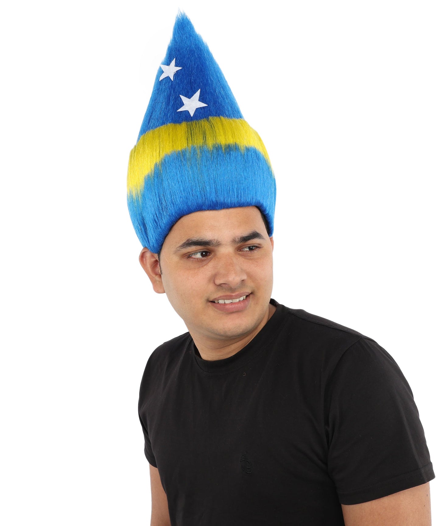 HPO Adult Unisex Curacao Flag Multicolor Troll Wig | 15 Inch Upright Spiked Texture Breathable Fit | Sports Event National Holiday Parade Soccer Match Fan Gear