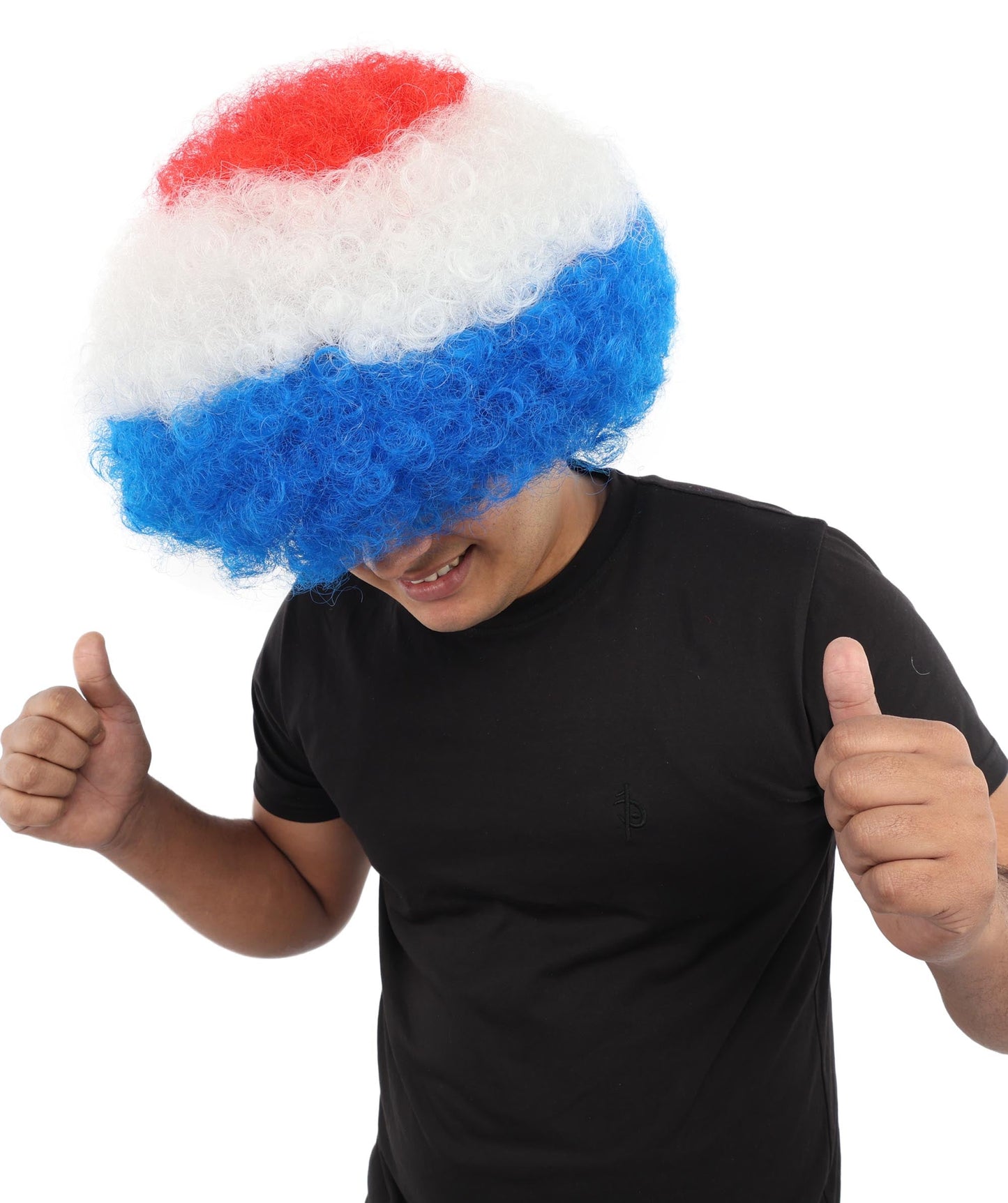 HPO Adult Tricolor Afro Style Netherlands Flag Wig | Flame-retardant Synthetic Fiber with Capless Construction | Ideal for Party, Halloween, Cosplay, Theater, Drag, Performance, Costume Events