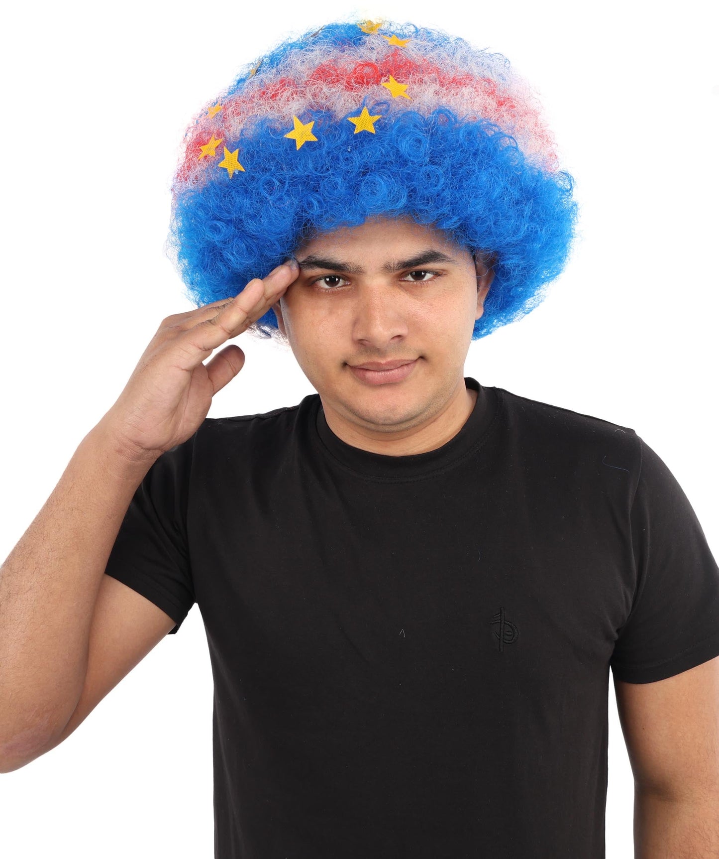 HPO Adult Unisex Cabo Verde Sports Clown Wig – Curly Flag-Themed Wig for Football Fans & Parades  | Synthetic Fiber Headpiece with Standard Cap