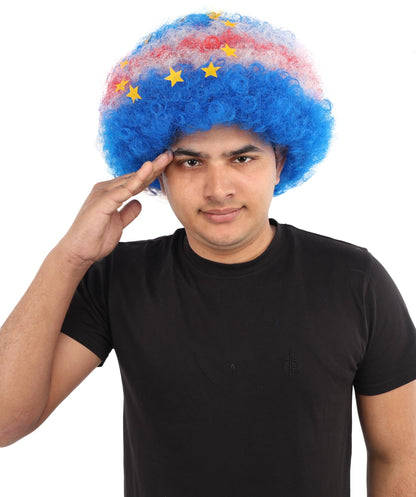HPO Adult Unisex Cabo Verde Sports Clown Wig – Curly Flag-Themed Wig for Football Fans & Parades  | Synthetic Fiber Headpiece with Standard Cap
