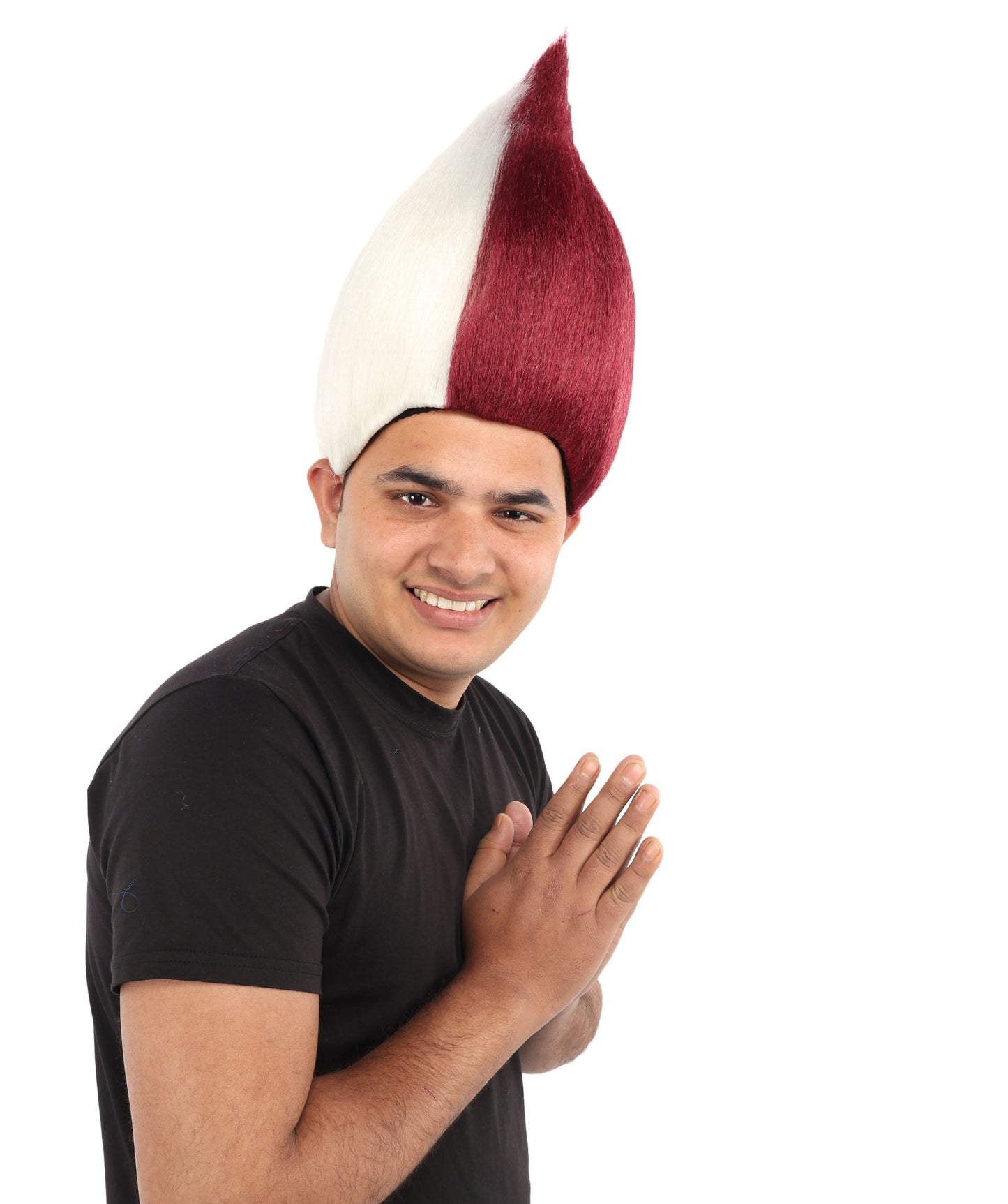 HPO Adult Unisex Qatar Flag-Inspired Maroon & White Sport Troll Wig Troll Wig – Spiky Synthetic Hair with Capless Cap | Ideal for Sports, Cosplay, and National Events