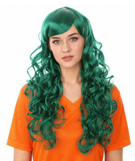 Womens Long Green Curls Wig | Fancy Party Event Ready Halloween Wig | Premium Breathable Capless Cap