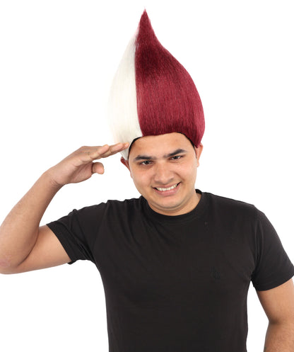 HPO Adult Unisex Qatar Flag-Inspired Maroon & White Sport Troll Wig Troll Wig – Spiky Synthetic Hair with Capless Cap | Ideal for Sports, Cosplay, and National Events