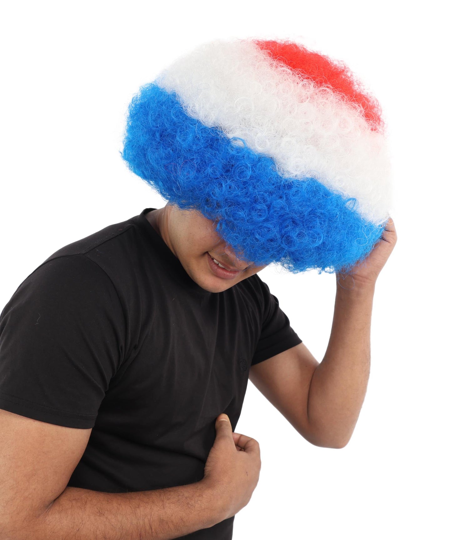 HPO Adult Tricolor Afro Style Netherlands Flag Wig | Flame-retardant Synthetic Fiber with Capless Construction | Ideal for Party, Halloween, Cosplay, Theater, Drag, Performance, Costume Events