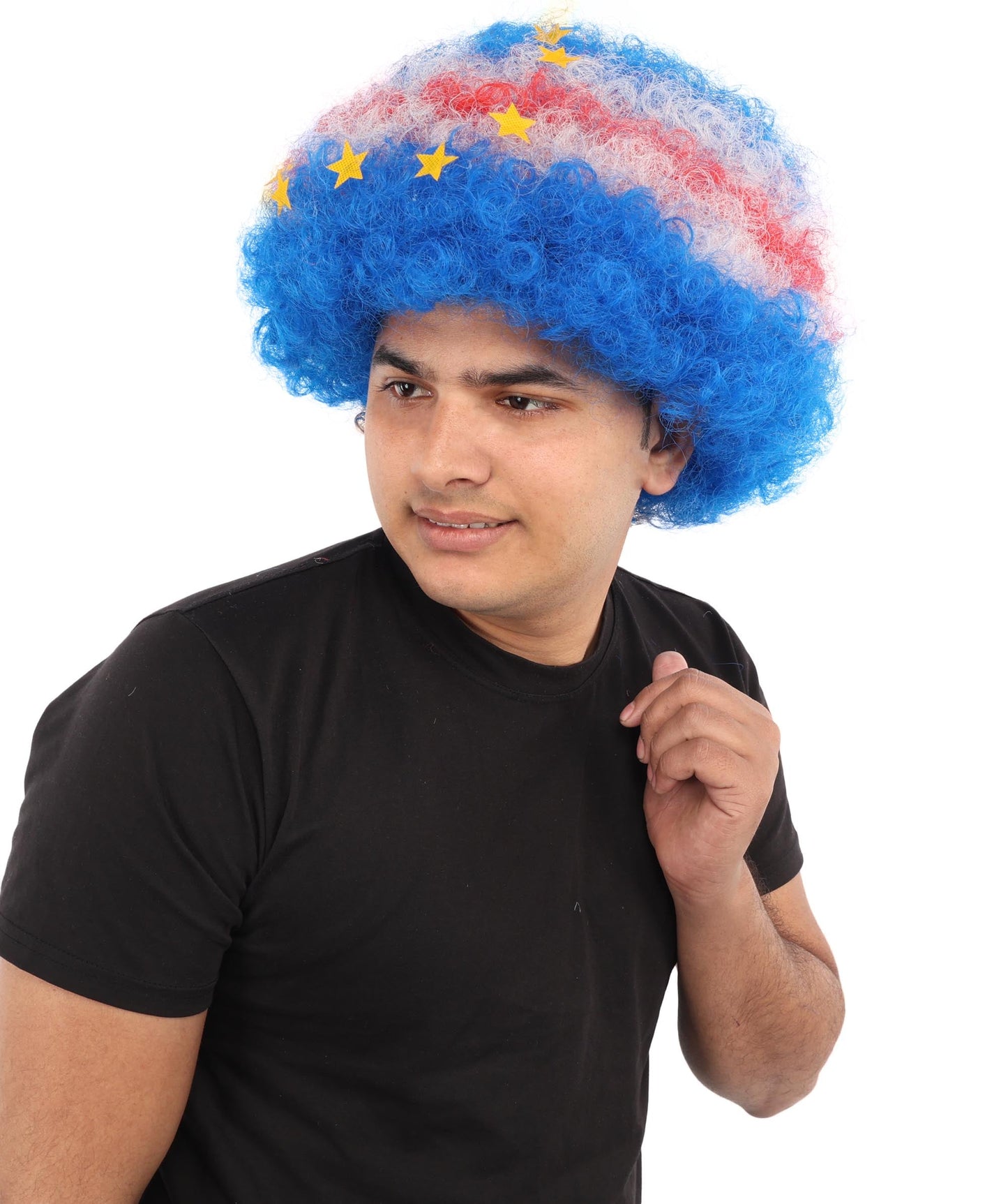 HPO Adult Unisex Cabo Verde Sports Clown Wig – Curly Flag-Themed Wig for Football Fans & Parades  | Synthetic Fiber Headpiece with Standard Cap