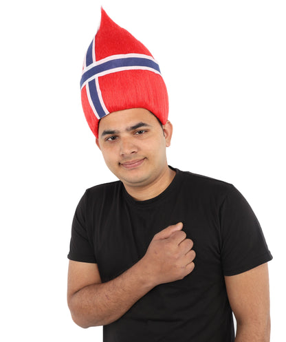 HPO Adult Unisex Norway Flag Troll Wig – Red White Navy Spiky Hair with Capless Cap | Fan Wig for Sports Events, National Celebrations & Parties