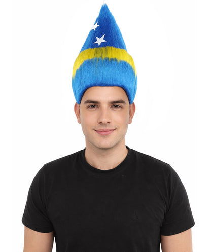 HPO Adult Unisex Curacao Flag Multicolor Troll Wig | 15 Inch Upright Spiked Texture Breathable Fit | Sports Event National Holiday Parade Soccer Match Fan Gear