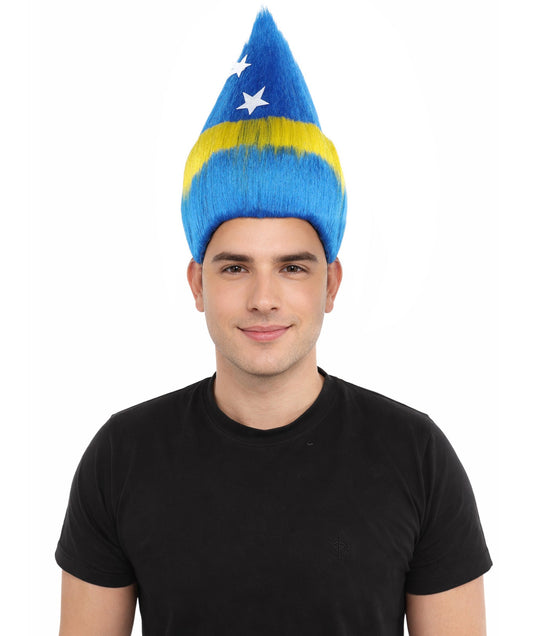 HPO Adult Unisex Curacao Flag Multicolor Troll Wig | 15 Inch Upright Spiked Texture Breathable Fit | Sports Event National Holiday Parade Soccer Match Fan Gear