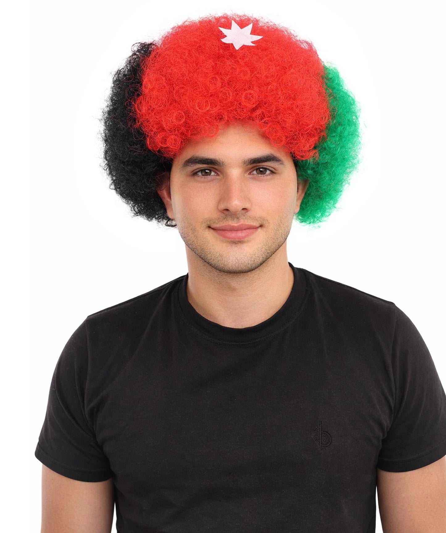 HPO Adult Unisex Jordan Flag Clown Wig – Curly Red, Black, and Green Sport Hairpiece | Ideal for  National Celebrations & Parties